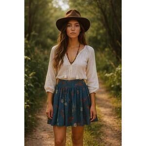 Alan Blizerian Blue Boho Print High Waisted Pleated Skirt Cotton Fairy